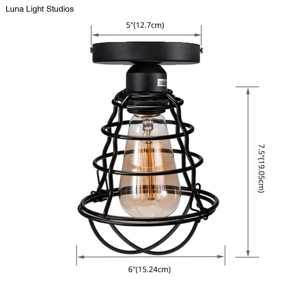 Retro Industrial Ceiling Light With Metal Frame Shade - Wrought Iron Flush-Mount Lamp In Black