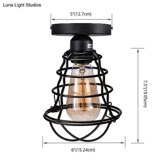 Retro Industrial Ceiling Light With Metal Frame Shade - Wrought Iron Flush-Mount Lamp In Black