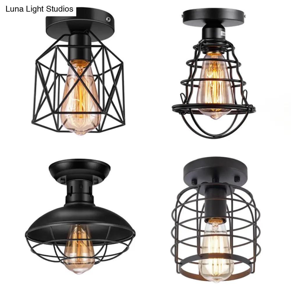 Retro Industrial Ceiling Light With Metal Frame Shade - Wrought Iron Flush-Mount Lamp In Black