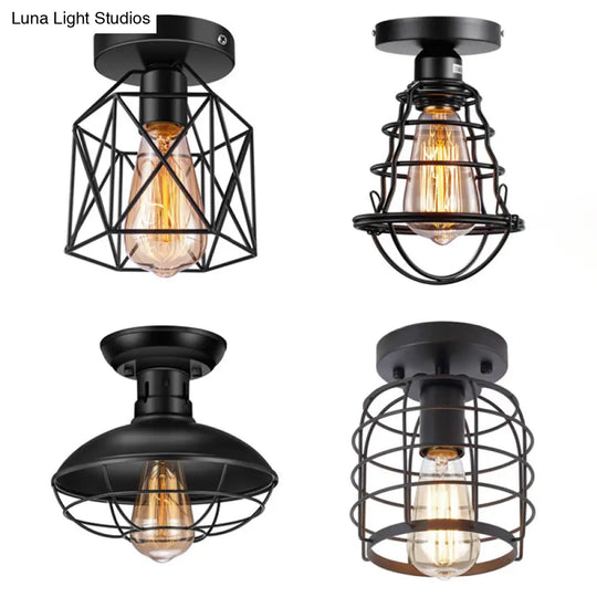 Retro Industrial Ceiling Light With Metal Frame Shade - Wrought Iron Flush-Mount Lamp In Black