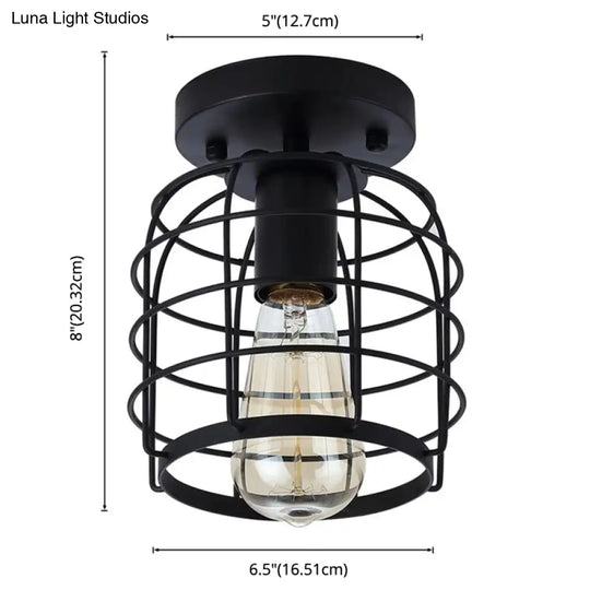 Retro Industrial Ceiling Light With Metal Frame Shade - Wrought Iron Flush-Mount Lamp In Black