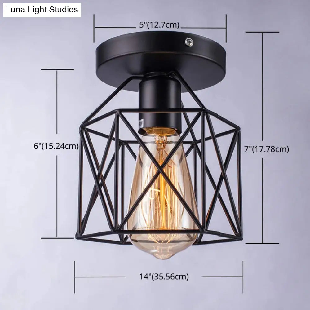 Retro Industrial Ceiling Light With Metal Frame Shade - Wrought Iron Flush-Mount Lamp In Black