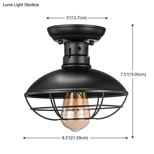 Retro Industrial Ceiling Light With Metal Frame Shade - Wrought Iron Flush-Mount Lamp In Black