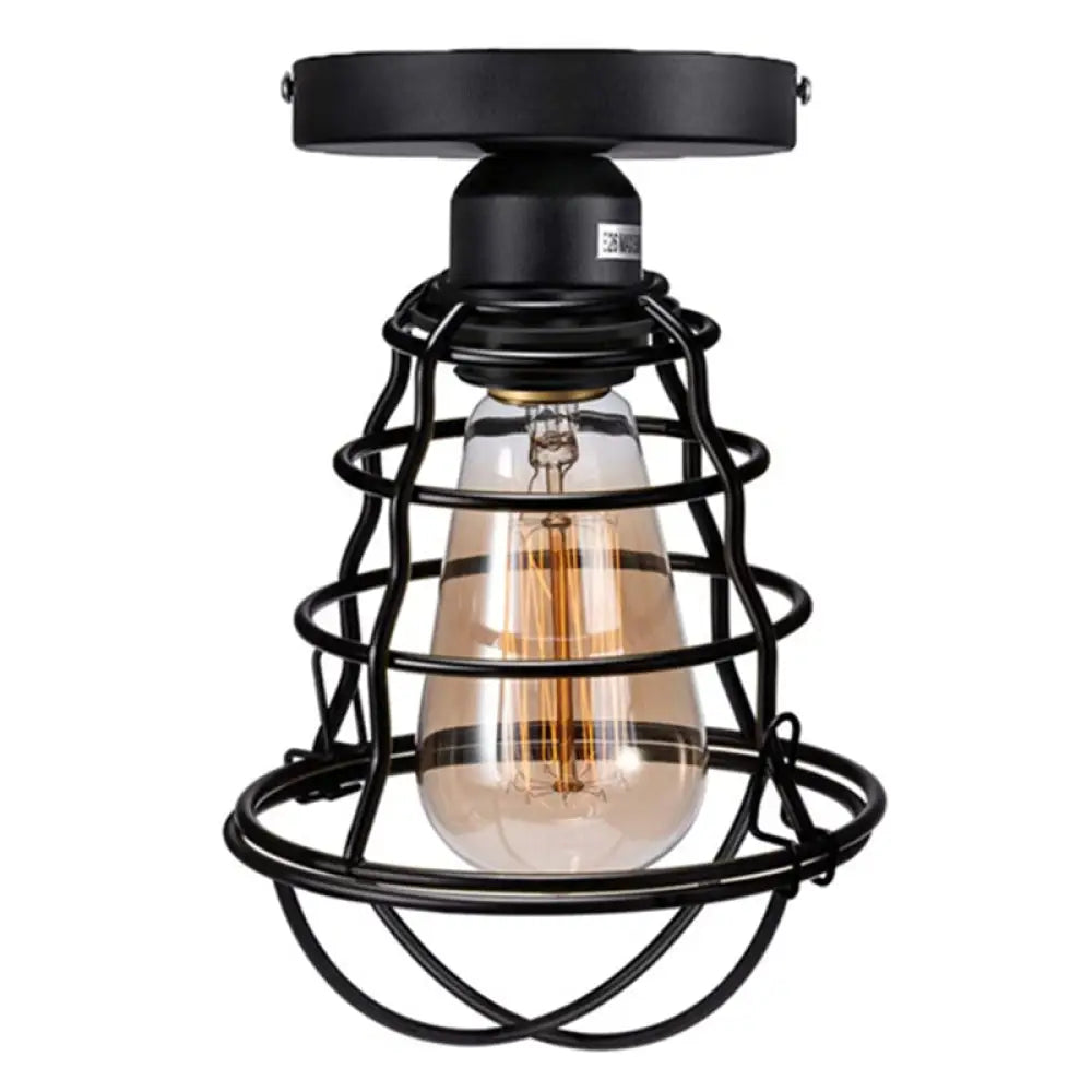 Retro Industrial Ceiling Light With Metal Frame Shade - Wrought Iron Flush-Mount Lamp In Black /