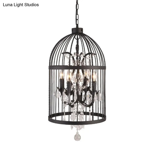 Retro Industrial Chandeliers: 8-Light Wrought Iron Cage Shaped Hanging Lamp With Crystal Pendant -