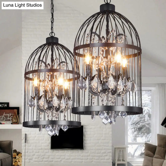 Retro Industrial Chandeliers - 8-Light Cage Shaped Coffee Shop Hanging Lamp With Crystal Pendant