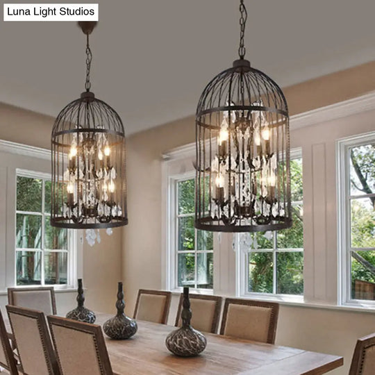 Retro Industrial Chandeliers: 8-Light Wrought Iron Cage Shaped Hanging Lamp With Crystal Pendant -