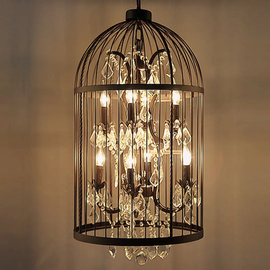 Retro Industrial Chandeliers - 8-Light Cage Shaped Coffee Shop Hanging Lamp With Crystal Pendant 8