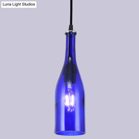 Retro Industrial Glass Pendant Lamp For Restaurants - 1 Light Bottle Shape Hanging Royal Blue