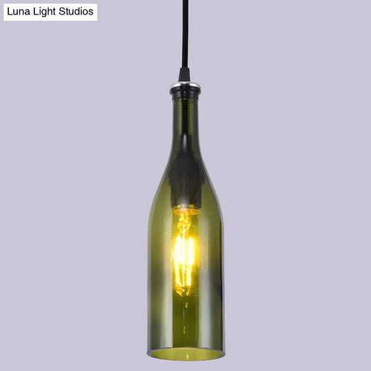 Retro Industrial Glass Pendant Lamp For Restaurants - 1 Light Bottle Shape Hanging Dark Green