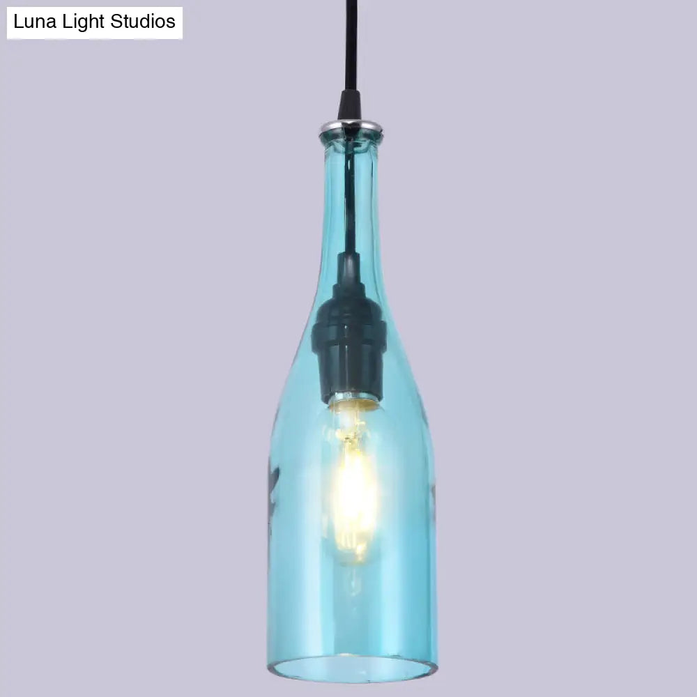 Retro Industrial Glass Pendant Lamp For Restaurants - 1 Light Bottle Shape Hanging Blue