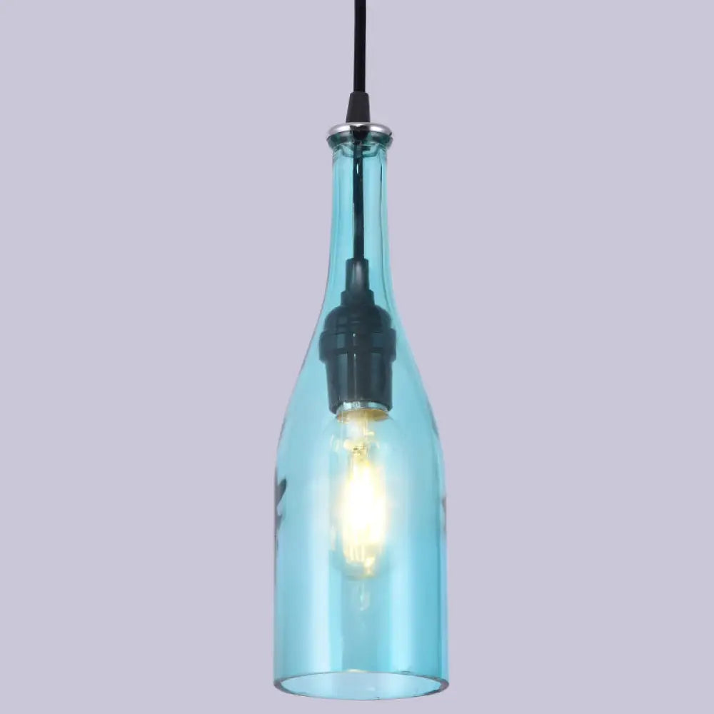 Retro Industrial Glass Pendant Lamp For Restaurants - 1 Light Bottle Shape Hanging Blue