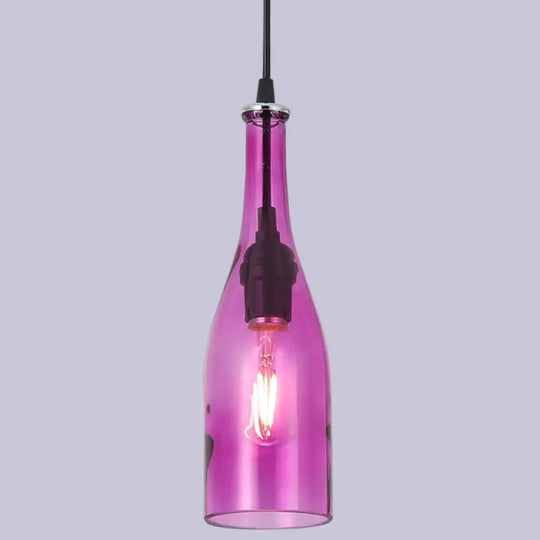 Retro Industrial Glass Pendant Lamp For Restaurants - 1 Light Bottle Shape Hanging Pink