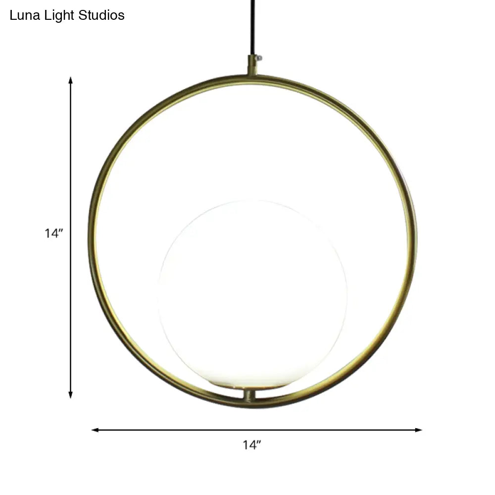 Retro Industrial Gold Suspension Light - Head Ring Pendant With Opal Glass Shade 12’/14’ Width