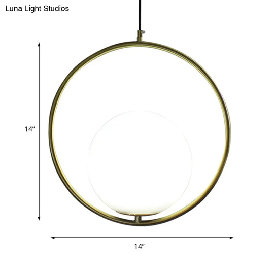 Retro Industrial Gold Suspension Light - Head Ring Pendant With Opal Glass Shade 12’/14’ Width