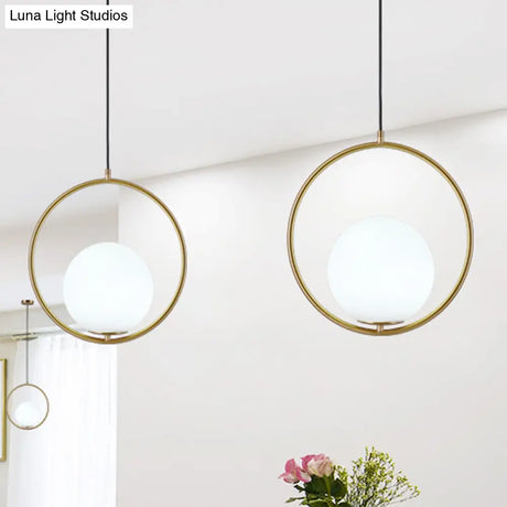 Retro Industrial Gold Suspension Light - Head Ring Pendant With Opal Glass Shade 12’/14’ Width