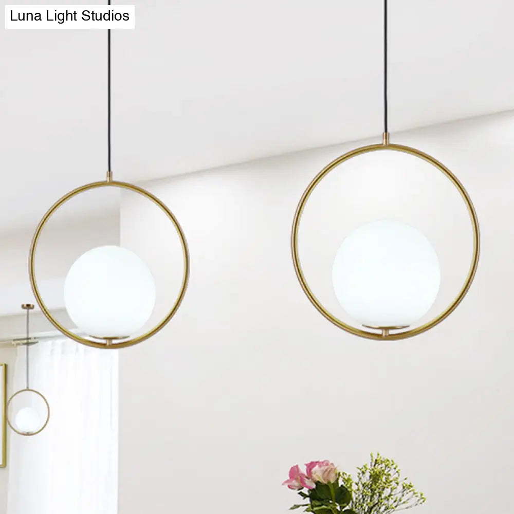 Retro Industrial Gold Suspension Light - Head Ring Pendant With Opal Glass Shade 12’/14’ Width