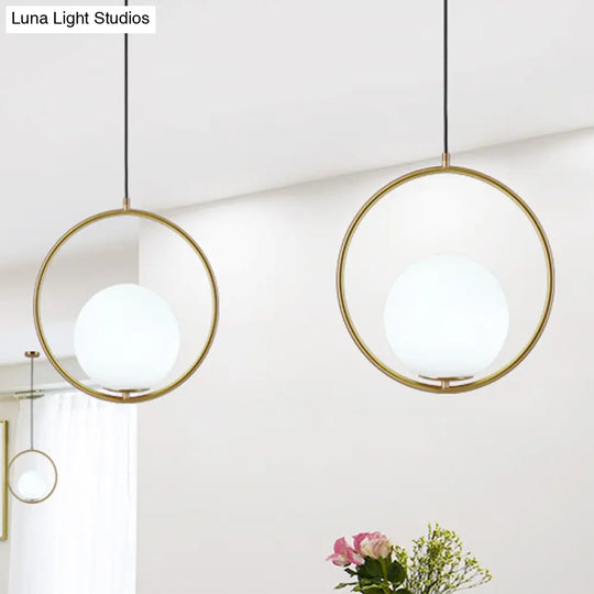 Retro Industrial Gold Suspension Light - Head Ring Pendant With Opal Glass Shade 12’/14’ Width