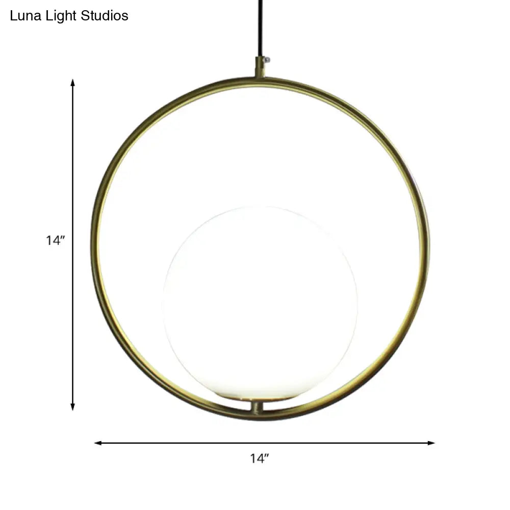 Retro Industrial Gold Suspension Light - 1 Head Ring Pendant With Opal Glass Shade 12/14 Width