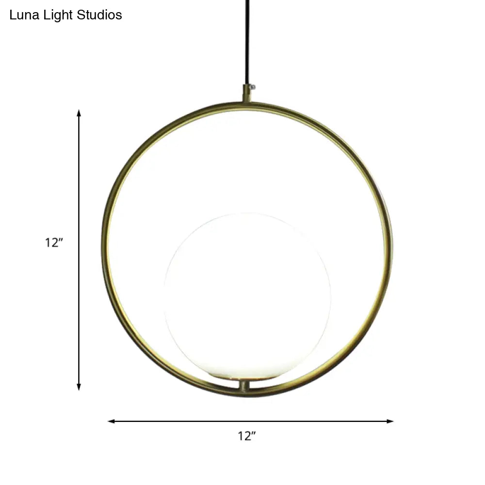 Retro Industrial Gold Suspension Light - Head Ring Pendant With Opal Glass Shade 12’/14’ Width