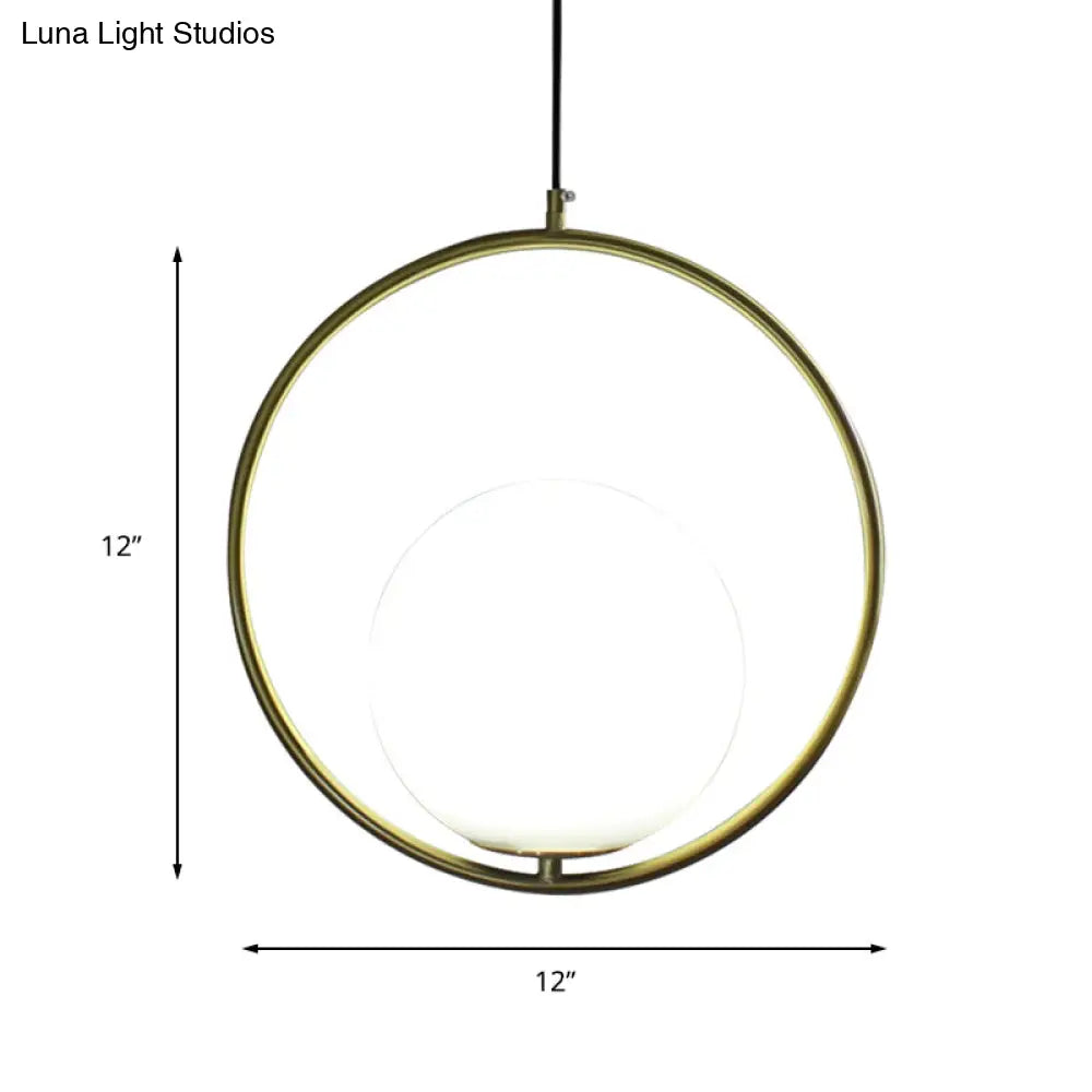 Retro Industrial Gold Suspension Light - 1 Head Ring Pendant With Opal Glass Shade 12/14 Width