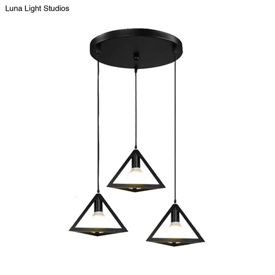 Retro Industrial Hanging Lamp With 3 Triangle Metallic Heads And Wire Guard In Black/White