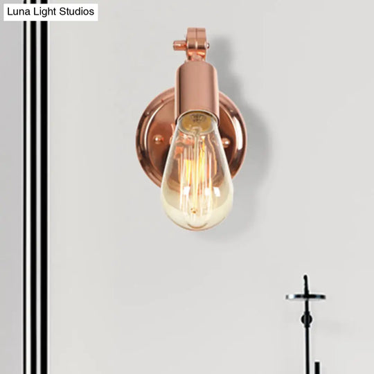 Retro Industrial Iron Rose Gold Armed Wall Light With Exposed Bulb - Rotatable Bathroom Lamp