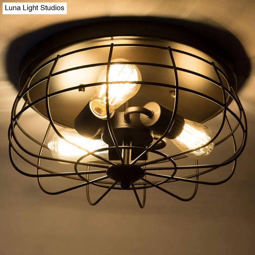 Retro Industrial Metal Ceiling Light Fixture For Hallway - Cage Drum Flush Mount Lighting