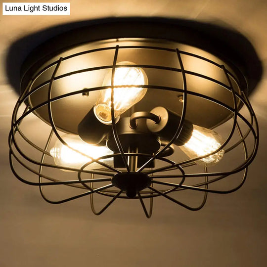 Retro Industrial Metal Ceiling Light Fixture For Hallway - Cage Drum Flush Mount Lighting