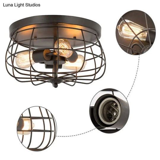 Retro Industrial Metal Ceiling Light Fixture For Hallway - Cage Drum Flush Mount Lighting