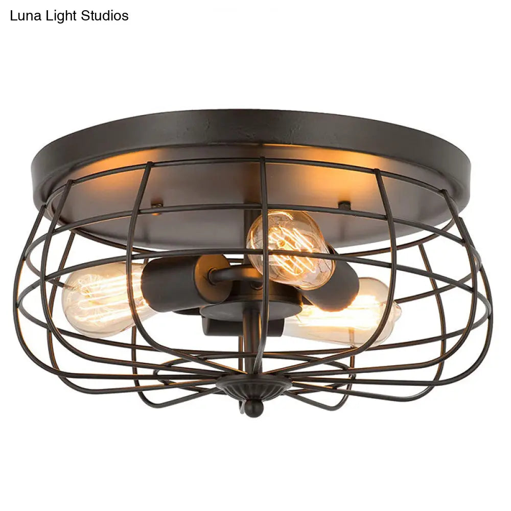 Retro Industrial Metal Ceiling Light Fixture For Hallway - Cage Drum Flush Mount Lighting Bronze