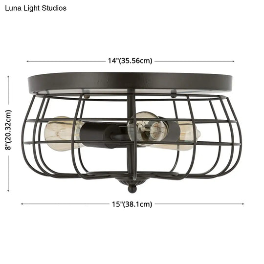 Retro Industrial Metal Ceiling Light Fixture For Hallway - Cage Drum Flush Mount Lighting