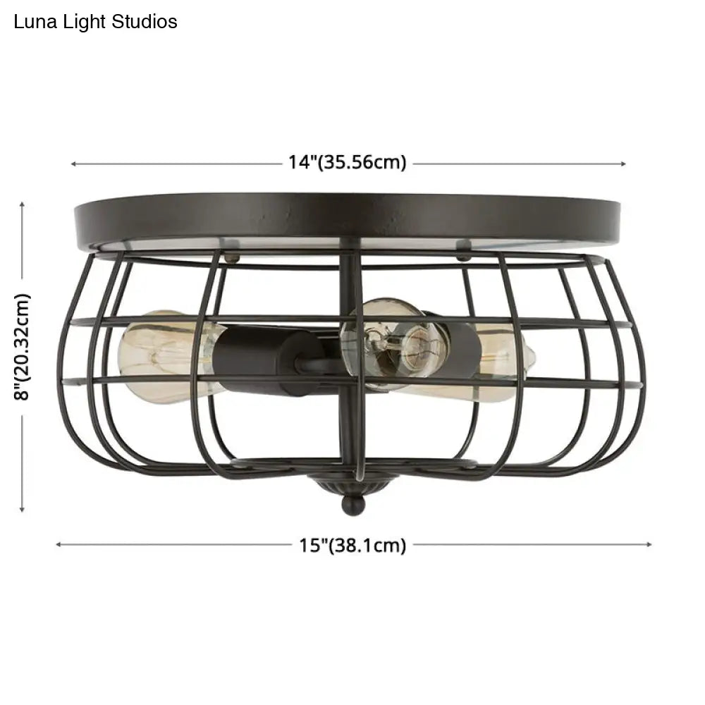 Retro Industrial Metal Ceiling Light Fixture For Hallway - Cage Drum Flush Mount Lighting