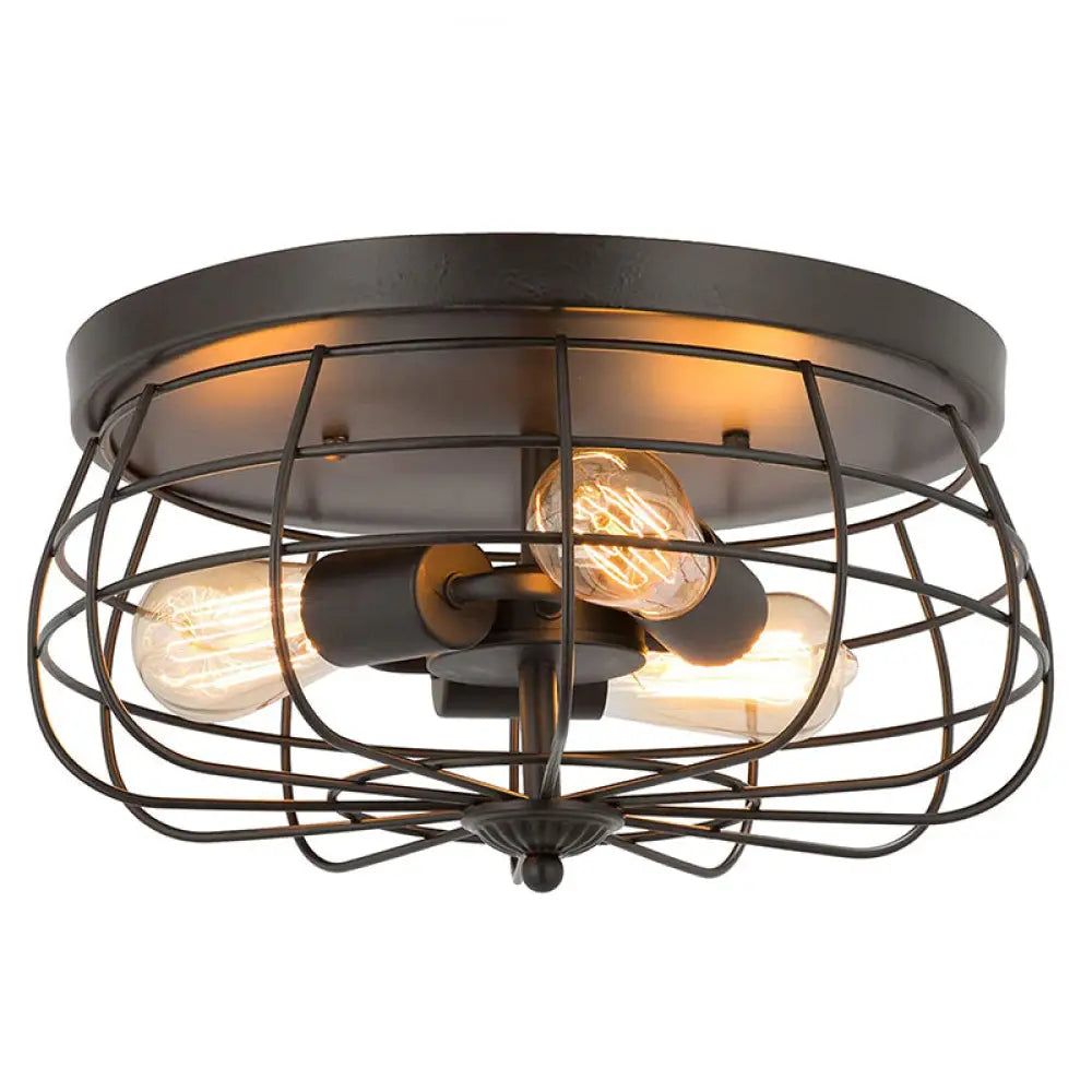 Retro Industrial Metal Ceiling Light Fixture For Hallway - Cage Drum Flush Mount Lighting Bronze