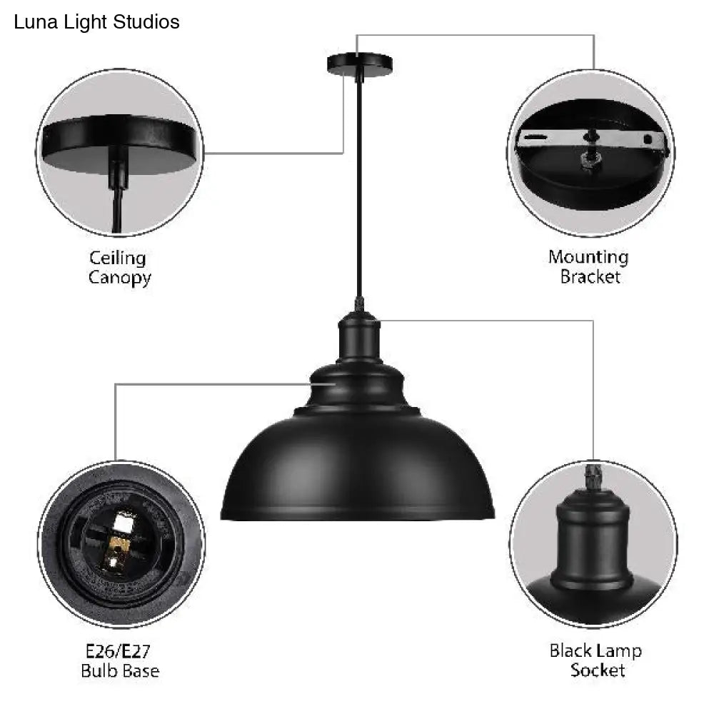 Retro Industrial Metal Ceiling Pendant With Black Finish Bowl Shade - Stylish Suspension Light For
