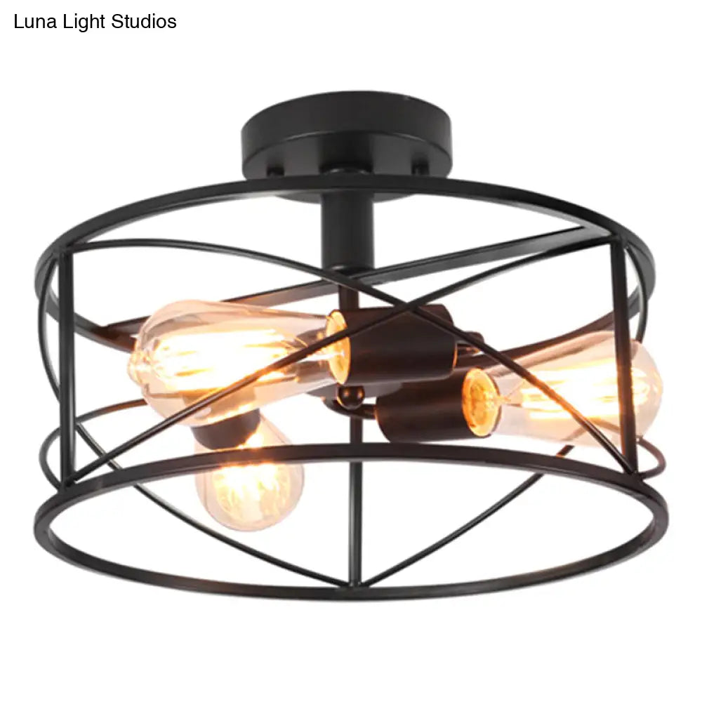 Retro Industrial Metal Flush Mount Ceiling Light For Living Room - Trellis Cage Design Black