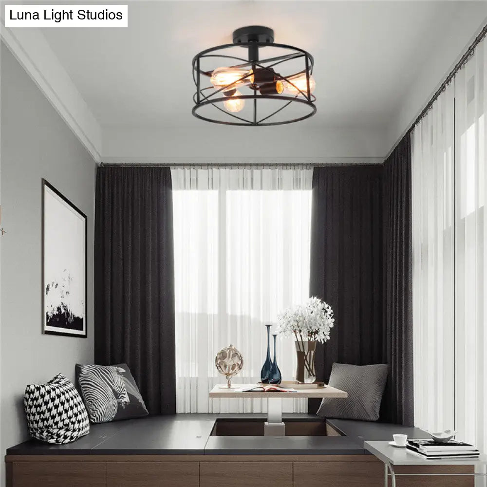Retro Industrial Metal Flush Mount Ceiling Light For Living Room - Trellis Cage Design