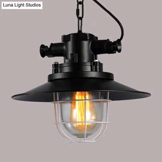 Retro Industrial Metal Hanging Light With Caged Kit & Chain For Restaurants - 1 Black
