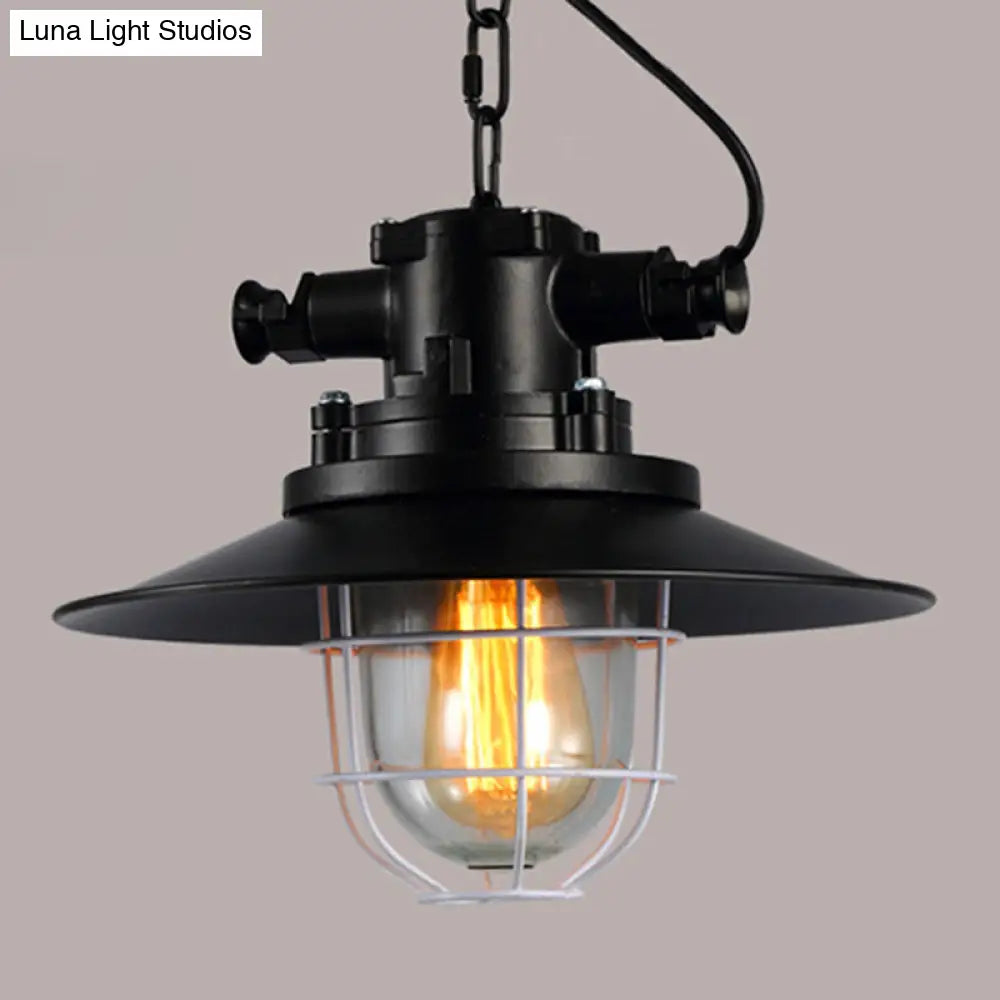 Retro Industrial Metal Hanging Light Kit - 1 Caged Pendant With Chain Perfect For Restaurants