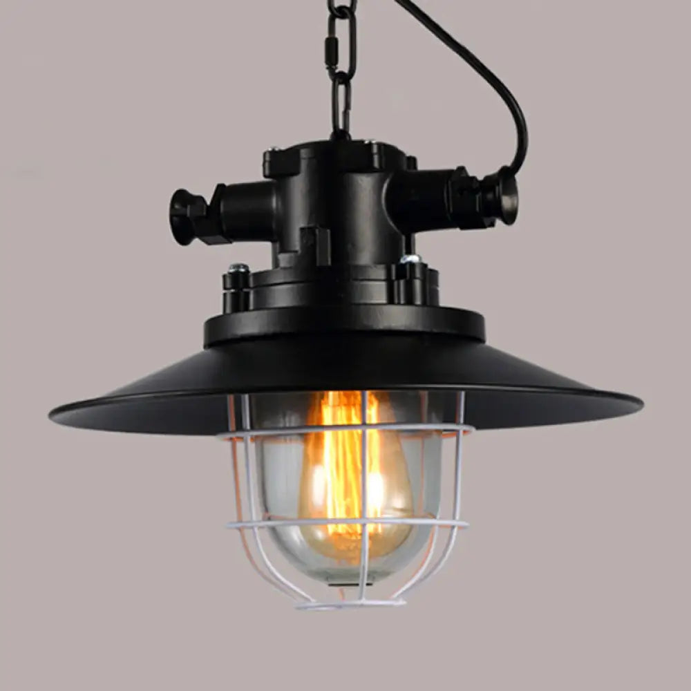 Retro Industrial Metal Hanging Light Kit - 1 Caged Pendant With Chain Perfect For Restaurants Black