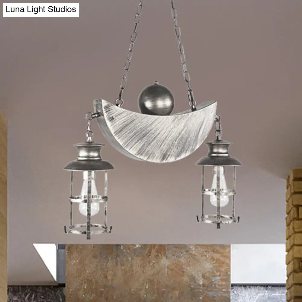 Retro Industrial Caged Pendant Chandelier - Metal 2 Lights Gold/Silver Hanging Fixture For Living