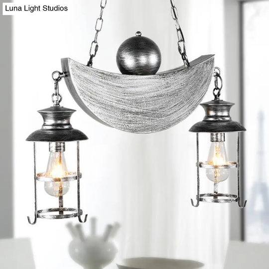 Retro Industrial Caged Pendant Chandelier - Metal 2 Lights Gold/Silver Hanging Fixture For Living