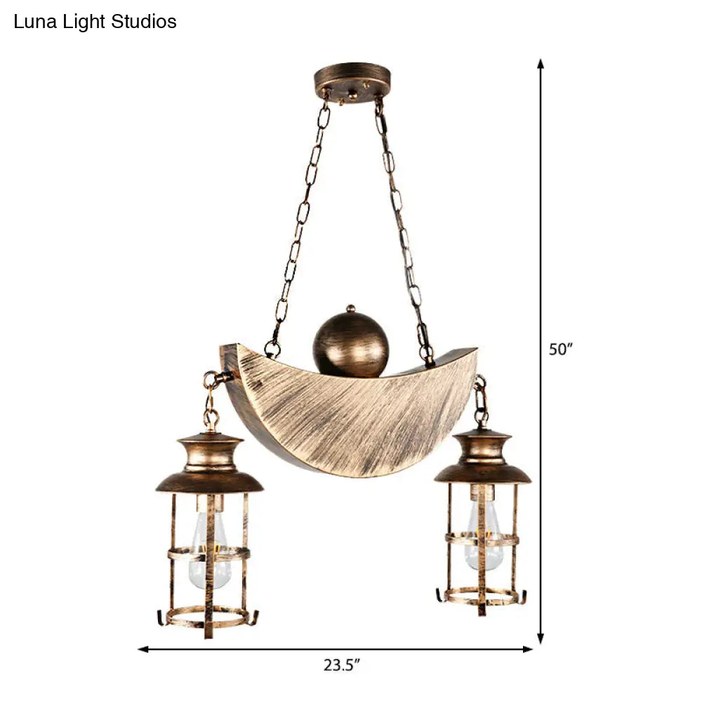 Retro Industrial Caged Pendant Chandelier - Metal 2 Lights Gold/Silver Hanging Fixture For Living