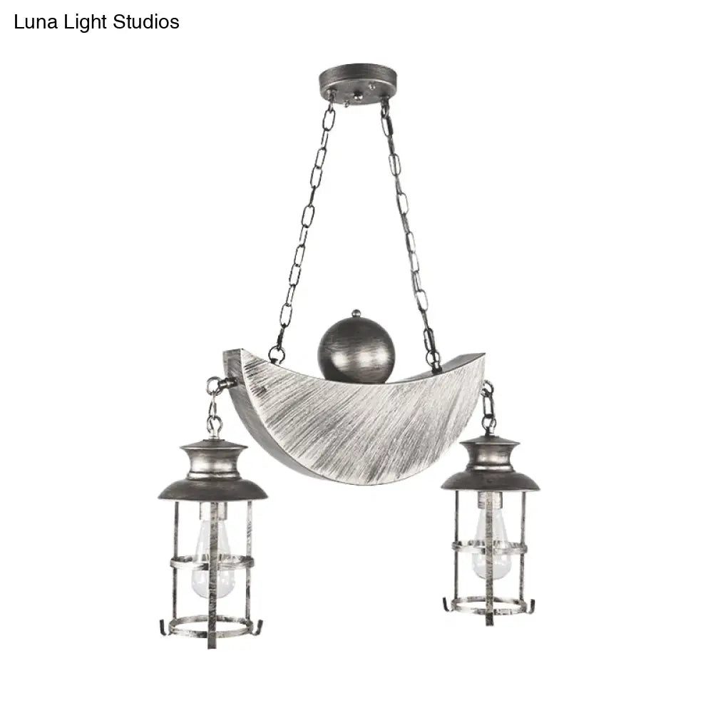 Retro Industrial Metal Pendant Chandelier With 2 Lights - Caged Living Room Fixture (Gold/Silver)