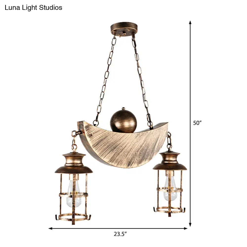 Retro Industrial Metal Pendant Chandelier With 2 Lights - Caged Living Room Fixture (Gold/Silver)