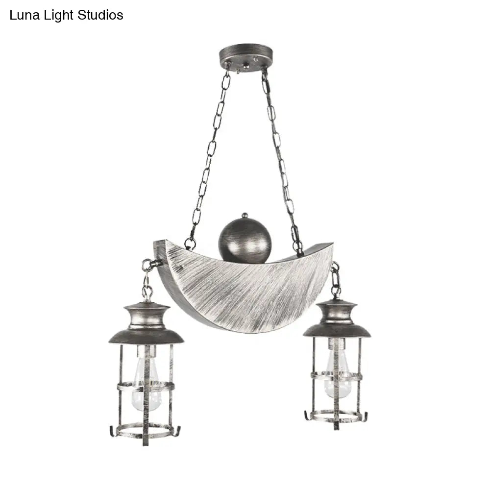 Retro Industrial Caged Pendant Chandelier - Metal 2 Lights Gold/Silver Hanging Fixture For Living