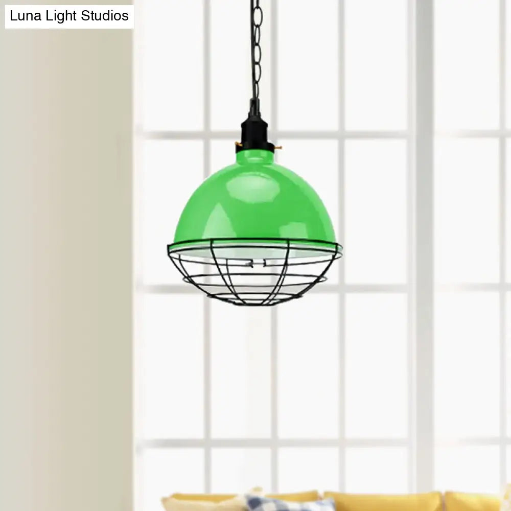 Retro Industrial Metal Pendant Light - Bowl Shade 1 Bulb Multiple Colors Wire Guard And Chain