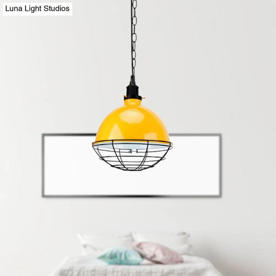 Retro Industrial Metal Pendant Light - Bowl Shade 1 Bulb Multiple Colors Wire Guard And Chain