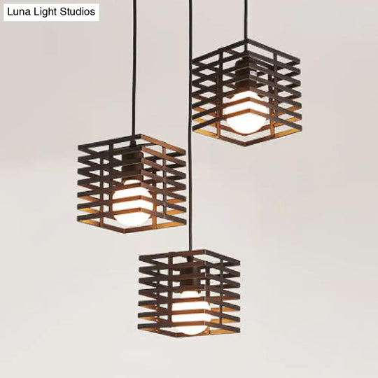 Retro Industrial Hanging Lamp With Cage Shade - 3-Light Cubic Design In Black/White