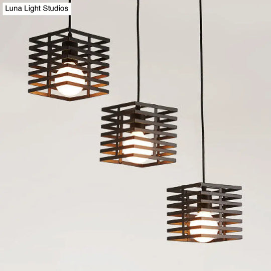 Retro Industrial Hanging Lamp With Cage Shade - 3-Light Cubic Design In Black/White Black / Linear